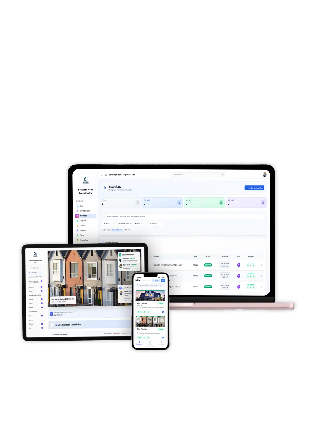 Inspection report viewed across phone, tablet, and laptop